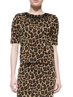 St. John Collection Leopard-Print Short Sleeve Tee with Beaded Neckline - Caviar